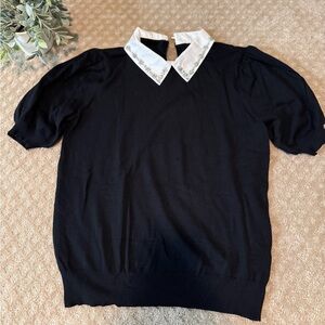 Black Sweater w/ Rhinestone Peter Pan Collar – Puff Sleeve – Size M